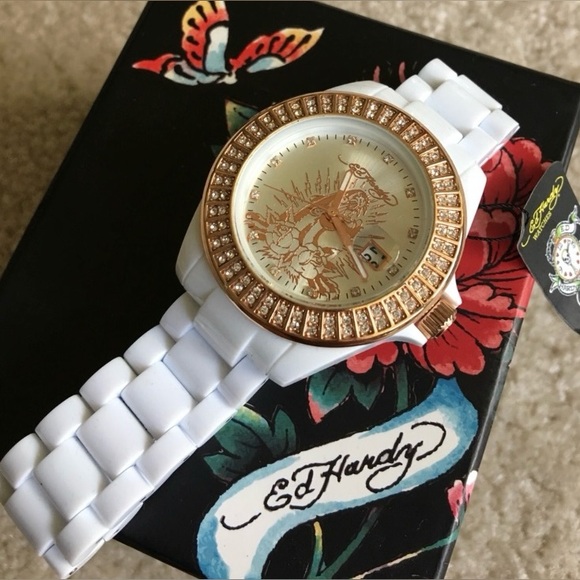 Vintage Ed Hardy White and Gold panther watch w/ Swarovski crystals